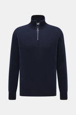 Front view of 04651/ A trip in a bag Cashmere quarter-zip jumper 'Extreme' navy, pure cashmere, very soft feel, fine knit pattern, slim fit, sweater collar with zipper, flexible ribbed cuffs.