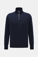 Front view of 04651/ A trip in a bag Cashmere quarter-zip jumper 'Extreme' navy, pure cashmere, very soft feel, fine knit pattern, slim fit, sweater collar with zipper, flexible ribbed cuffs.