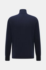 Back view of 04651/ A trip in a bag Cashmere quarter-zip jumper 'Extreme' navy with pure cashmere, very soft feel, fine knit pattern, slim fit, sweater collar with zipper, and flexible ribbed cuffs.