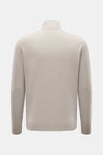 Rear view of 04651/ A trip in a bag Cashmere quarter-zip jumper 'Extreme' taupe, pure cashmere, very soft feel, fine knit pattern, slim fit, sweater collar with zipper, flexible ribbed cuffs.