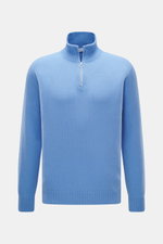 Frontansicht des 04651/ A trip in a bag Cashmere Troyer 'Extreme' blau mit Troyer-Kragen, Reißverschluss, Slim Fit, feinem Strickbild, reiner Cashmere, weichem Griff, flexiblen Rippbündchen.