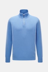 Frontansicht des 04651/ A trip in a bag Cashmere Troyer 'Extreme' blau mit Troyer-Kragen, Reißverschluss, Slim Fit, feinem Strickbild, reiner Cashmere, weichem Griff, flexiblen Rippbündchen.