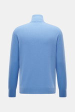 Back view of 04651/ A trip in a bag Cashmere quarter-zip jumper 'Extreme' blue, pure cashmere, very soft feel, fine knit pattern, slim fit, sweater collar with zipper, flexible ribbed cuffs.
