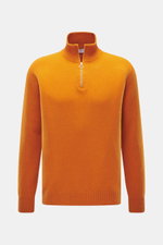 Front view of 04651/ A trip in a bag Cashmere quarter-zip jumper 'Extreme' orange, pure cashmere, very soft feel, fine knit pattern, slim fit, sweater collar with zipper, flexible ribbed cuffs.