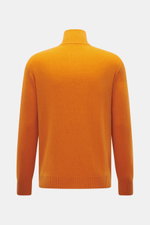 Back view of 04651/ A trip in a bag Cashmere quarter-zip jumper 'Extreme' orange, pure cashmere, very soft feel, fine knit pattern, slim fit, sweater collar with zipper, flexible ribbed cuffs.