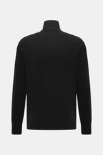 Back view of 04651/ A trip in a bag Cashmere quarter-zip jumper 'Extreme' black, pure cashmere, very soft feel, fine knit pattern, slim fit, sweater collar with zipper, flexible ribbed cuffs.