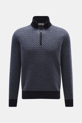 Front view of Agnona Cashmere Troyer navy in a fine Zopfstrick-Muster cable knit pattern, featuring a half zipper Troyer collar, ribbed cuffs and hem, soft 100% cashmere fabric, regular fit, and small metal logo. Lässig und komfortabel durch den Winter: D