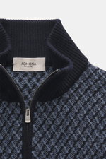 Agnona Cashmere Troyer navy shown from a top front close-up perspective, featuring a ribbed Troyer collar with zipper, soft 100% cashmere with a cable knit pattern, regular fit, ribbed cuffs, and a small metal logo for a casual, comfortable winter look.