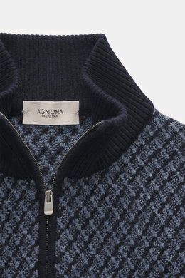 Agnona Cashmere Troyer navy shown from a top front close-up perspective, featuring a ribbed Troyer collar with zipper, soft 100% cashmere with a cable knit pattern, regular fit, ribbed cuffs, and a small metal logo for a casual, comfortable winter look.