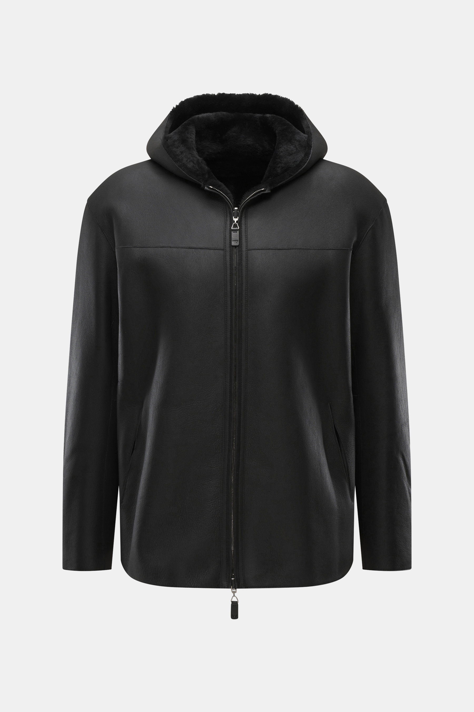 Front view of Emporio Armani Black sheepskin jacket made of supple lamb suede leather, lined with sheepskin, regular fit, featuring a two-way zipper, practical hood, and side pockets.