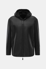 Front view of Emporio Armani Black sheepskin jacket made of supple lamb suede leather, lined with sheepskin, regular fit, featuring a two-way zipper, practical hood, and side pockets.