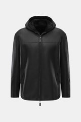Front view of Emporio Armani Black sheepskin jacket made of supple lamb suede leather, lined with sheepskin, regular fit, featuring a two-way zipper, practical hood, and side pockets.