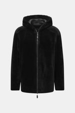 Front view of Emporio Armani Black sheepskin jacket in supple lamb suede leather with regular fit, two-way zipper, practical hood, side pockets, and sheepskin lining.