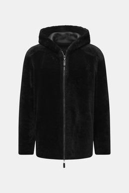 Front view of Emporio Armani Black sheepskin jacket in supple lamb suede leather with regular fit, two-way zipper, practical hood, side pockets, and sheepskin lining.