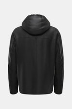 Emporio Armani Black sheepskin jacket photographed from the back, showing supple lamb suede leather, regular fit, hood, two-way zipper, side pockets, and sheepskin lining.