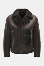 Belstaff Lammfelljacke 'Buxton Phoenix' braun, Frontansicht, edles Lammfell, Rindslederbesatz, Slim Fit, variabler Kragen, Reißverschluss, Taschen, Leder-Logo.