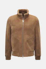 Front view of Arma Sheepskin blouson 'Arek' brown, soft noble lamb velour leather with sheepskin inside, slim fit, rib collar, snap button pockets, and two-way zipper. When temperatures drop, this stylish, functional jacket pairs well with denim or fine w