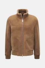 Front view of Arma Sheepskin blouson 'Arek' brown, soft noble lamb velour leather with sheepskin inside, slim fit, rib collar, snap button pockets, and two-way zipper. When temperatures drop, this stylish, functional jacket pairs well with denim or fine w