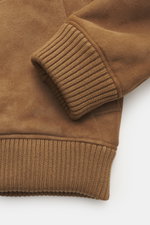 Close-up front view of the Arma Sheepskin blouson 'Arek' brown showing soft lamb velour leather and elastic rib cuff.
