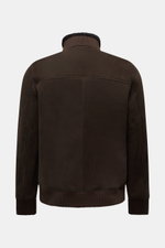 Rear view of Arma Shearling blouson 'Arek' dark brown in fine lambskin suede with shearling interior, slim fit, ribbed collar, and cuffs. When the temperatures drop, we need clothes that combine style and function – just like the shearling blouson 'Arek' 