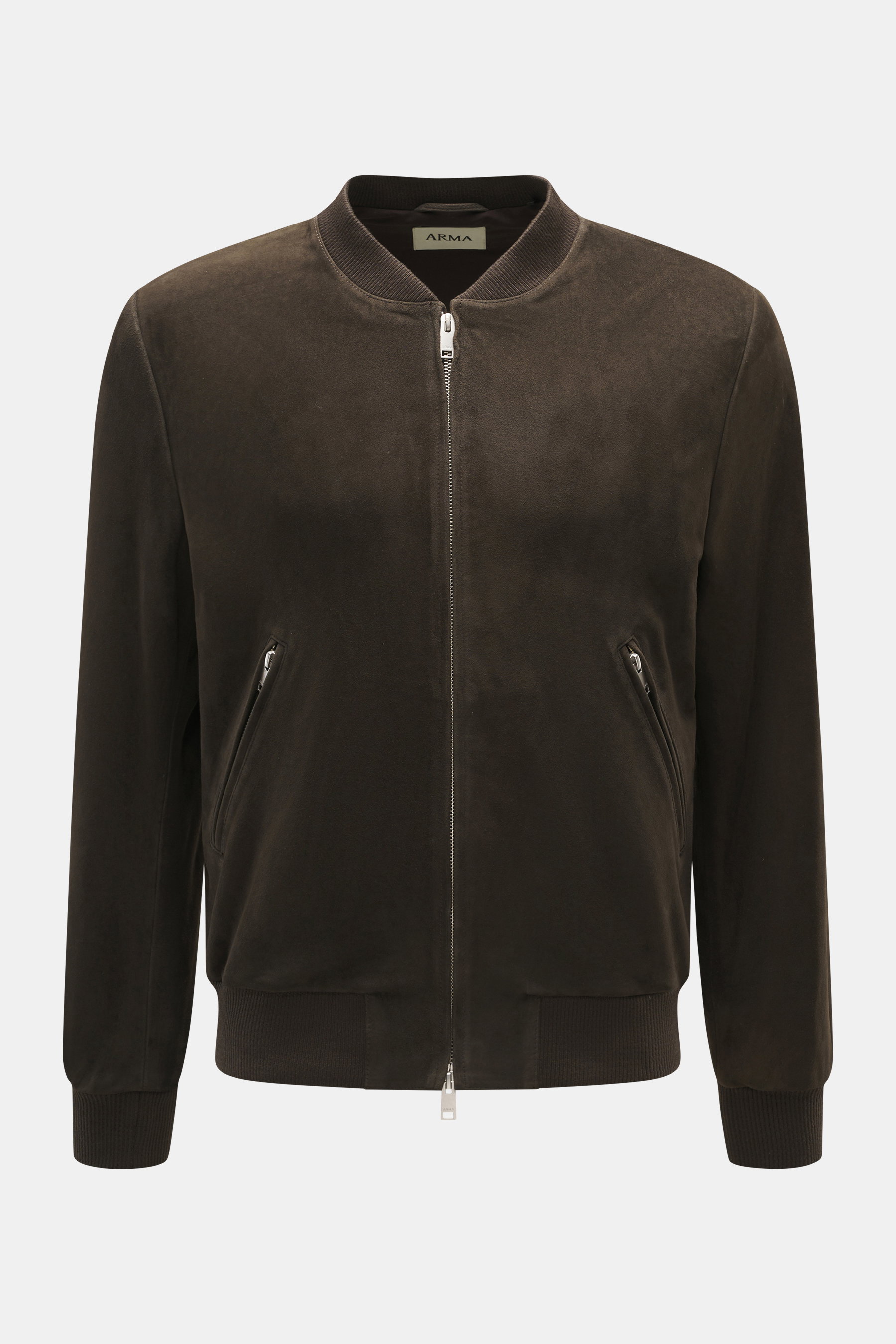 Arma Veloursleder-Blouson 'Didier' dunkelbraun, Frontansicht, Slim Fit, feines Veloursleder, Blousonkragen, Zwei-Wege-Reißverschluss, Hüfttaschen, Rippbündchen.