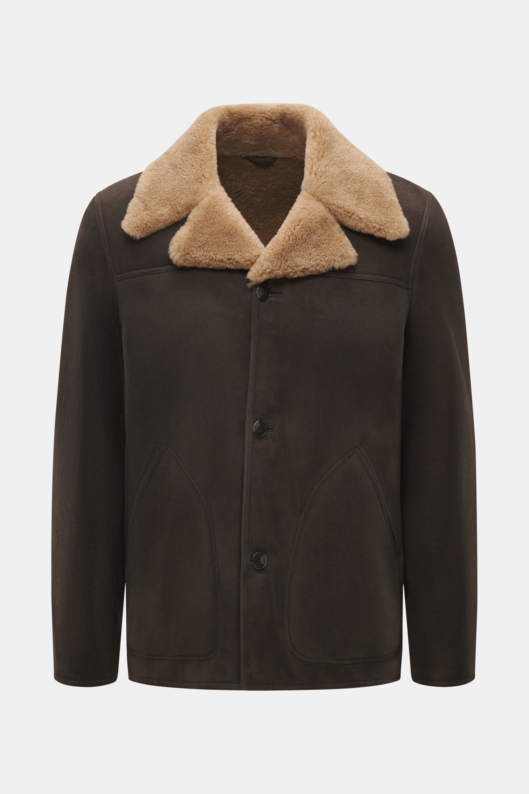Closed Dark brown sheepskin jacket shown front view, slim fit with supple lamb leather, fluffy sheepskin interior, wide collar, three buttons, piped hip pockets.