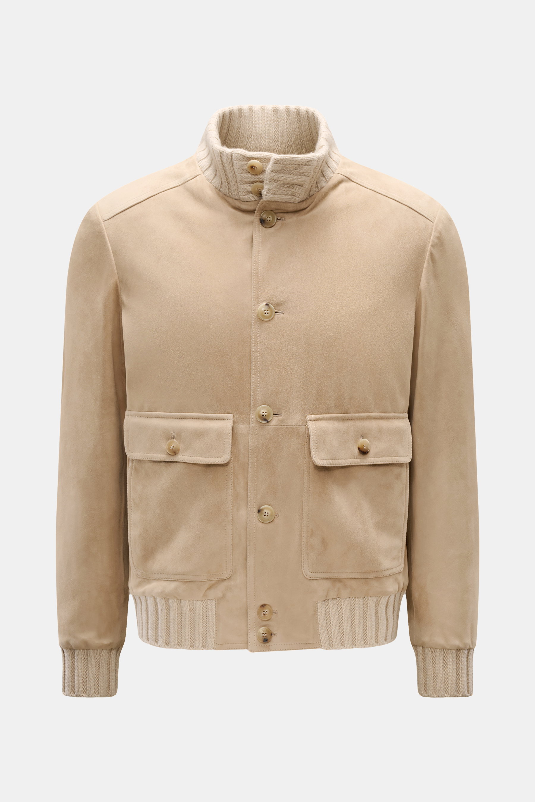 Fedeli Veloursleder-Blouson 'Verbier' sand, frontal fotografiert, mit geschmeidigem Lammvelours, Cashmere-Strickkragen, acht Knöpfen, Taschen, elastischen Bündchen.