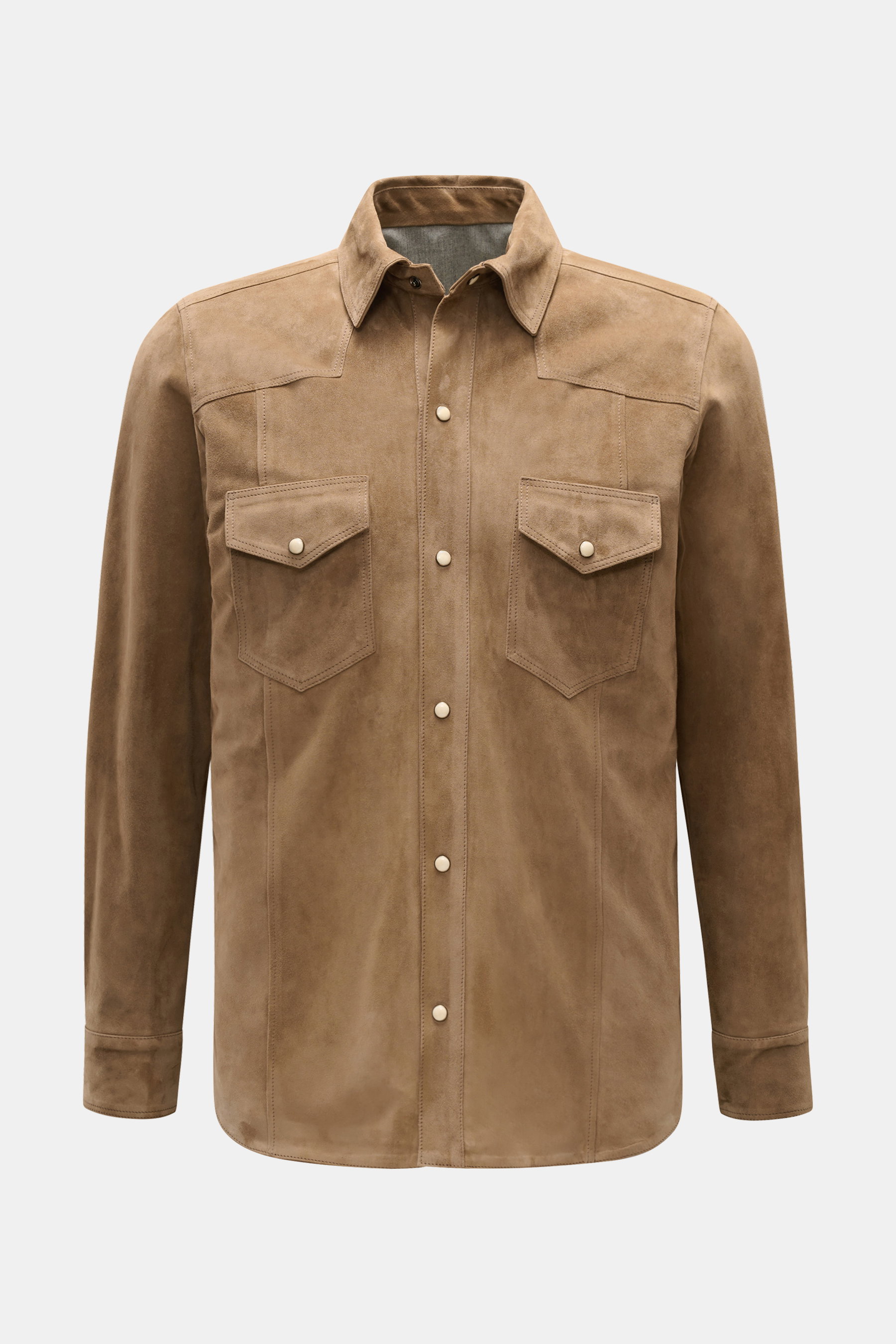 Rifugio Velourslederjacke hellbraun, frontal fotografiert, Slim Fit, geschmeidiges Veloursleder, weicher Griff, Sechs-Knopf-Leiste mit Druckknöpfen, Umlegekragen, Brusttaschen mit Patte, Ärmel mit Manschette, reines Wollfutter, gerundeter Saum.