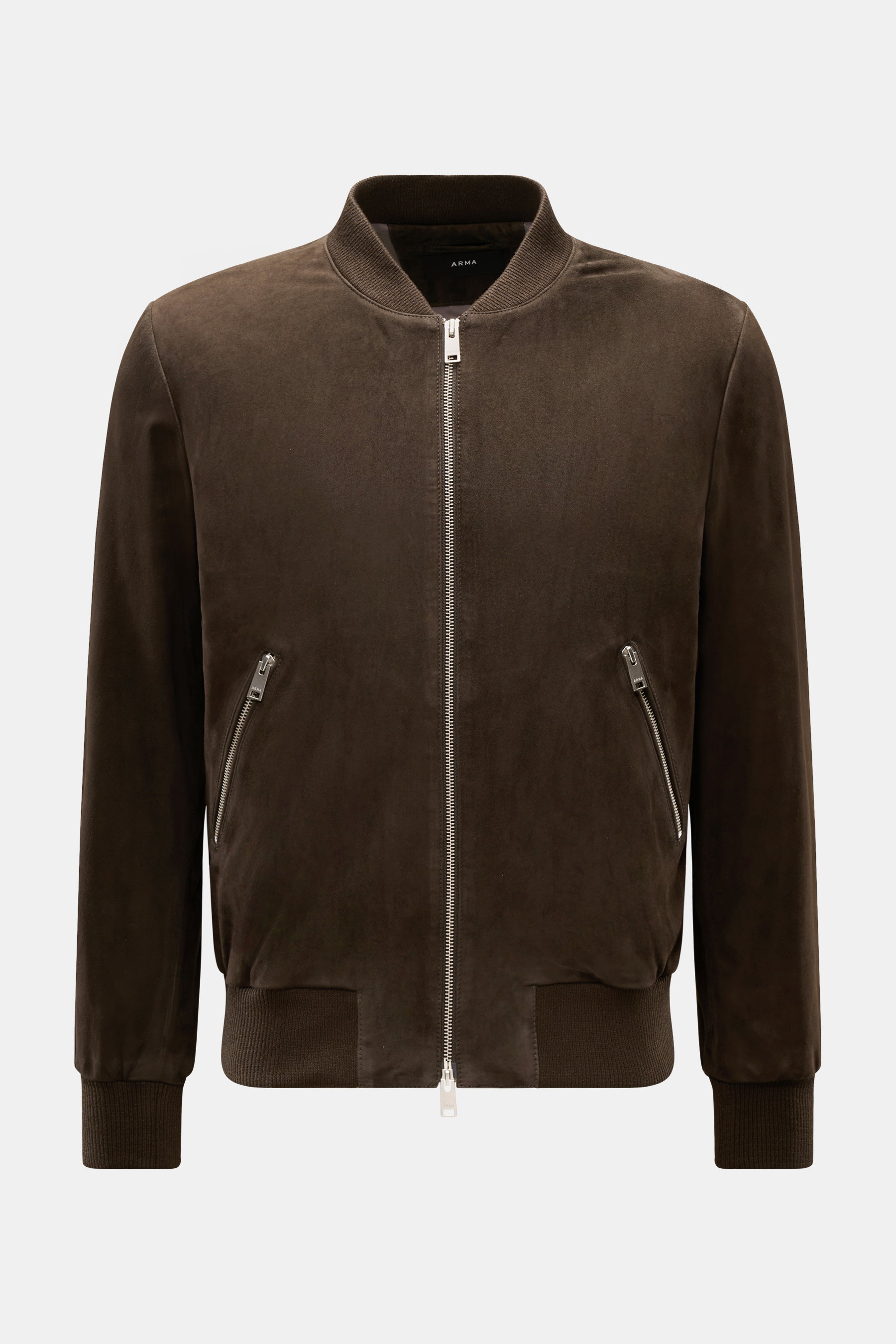 Arma Veloursleder Blouson 'Didier' dunkelbraun, Slim Fit, feines Ziegenvelours, frontal mit markantem Blousonkragen, Zwei-Wege-Reißverschluss, Reißverschlusstaschen, elastische Rippbündchen, tonales Innenfutter.