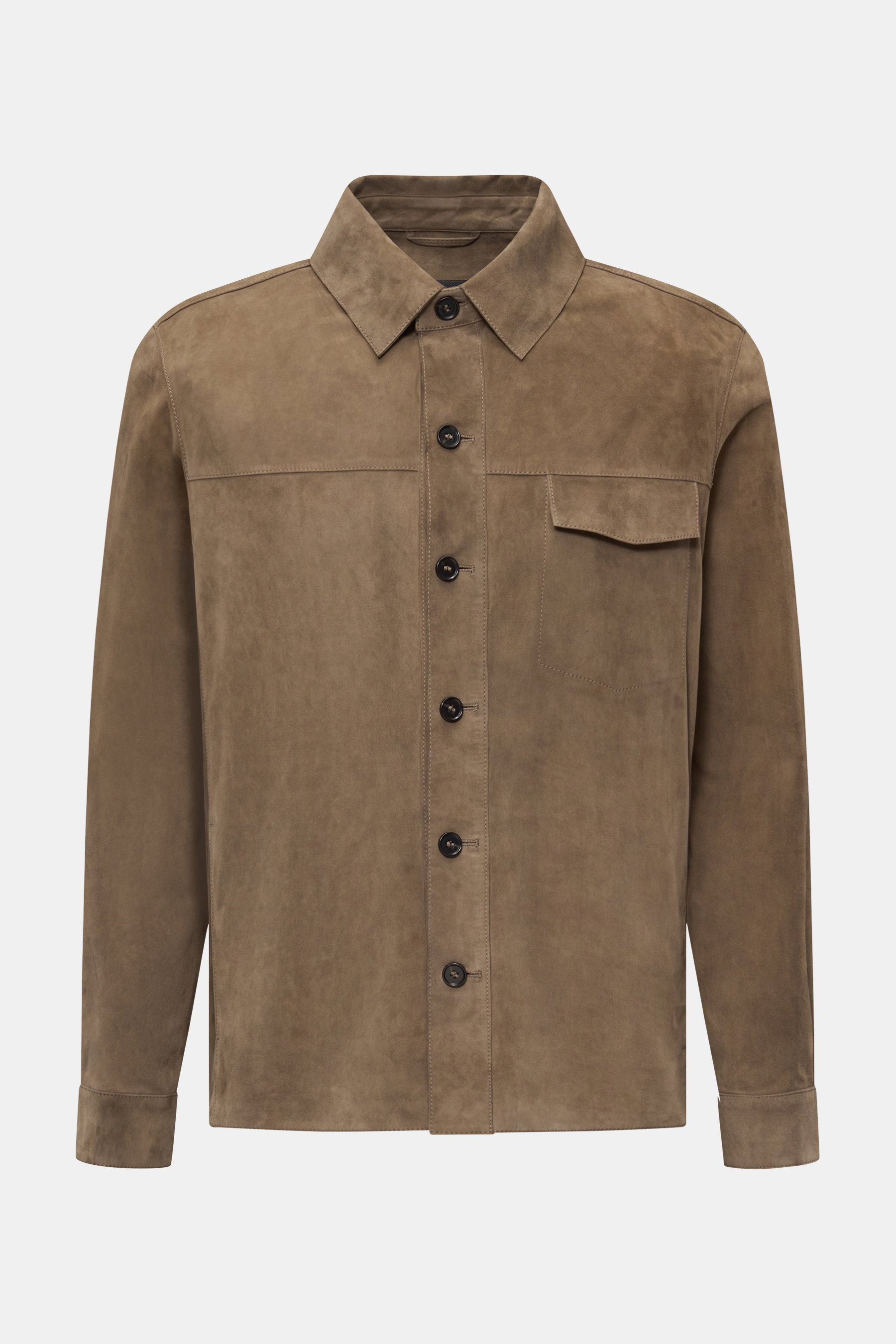 Arma Velourslederjacke 'Dillen' taupe, frontale Ansicht, edles Lammveloursleder, Slim Fit, Umlegekragen, 6-Knopf-Leiste, Brusttasche mit Patte, Knopfärmel.