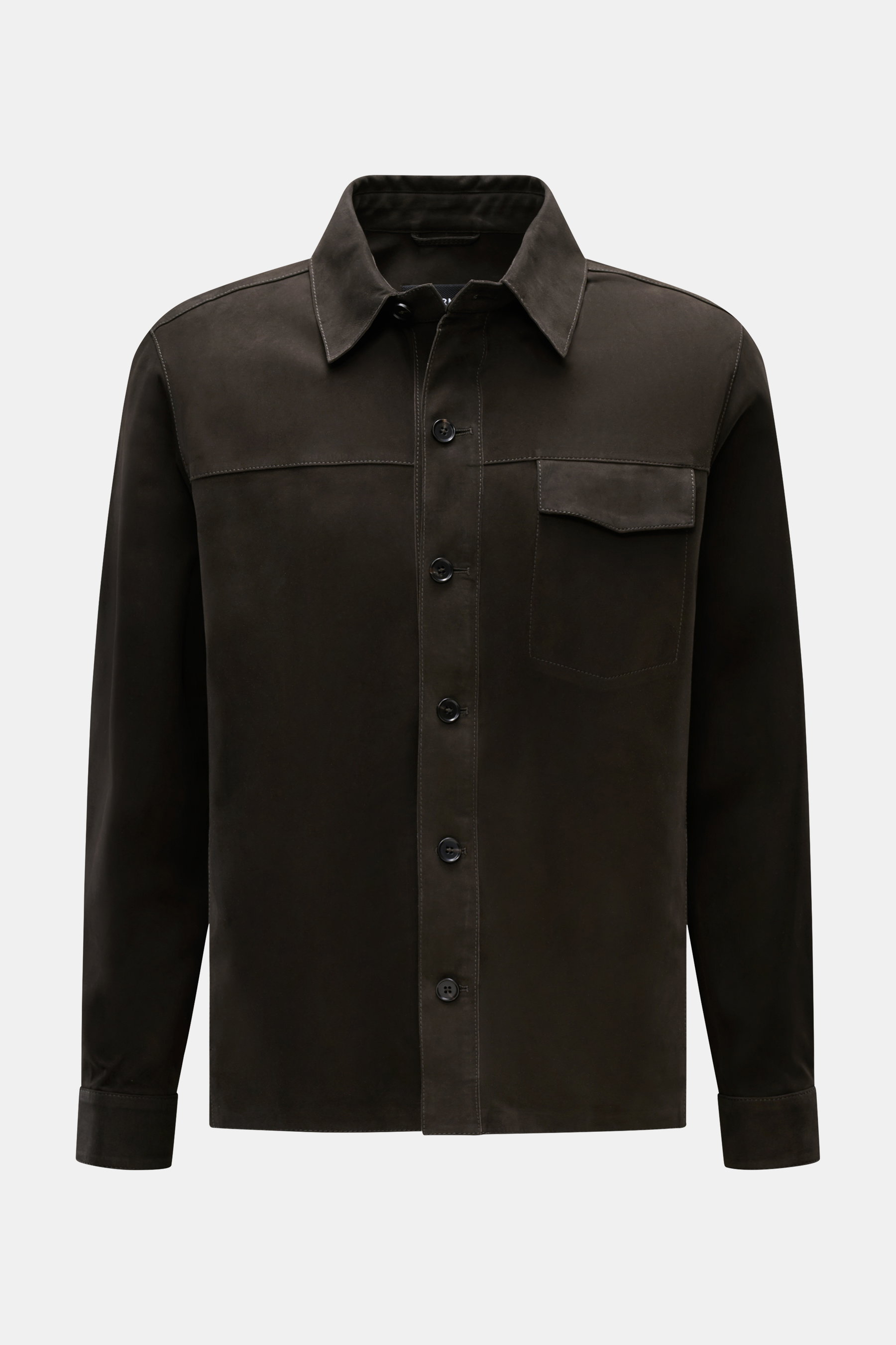 Arma Velourslederjacke 'Dillen' anthrazit, Frontansicht, Slim Fit Overshirt aus edlem Lammveloursleder mit Umlegekragen, Brusttasche, 6-Knopf-Leiste, weicher Griff.