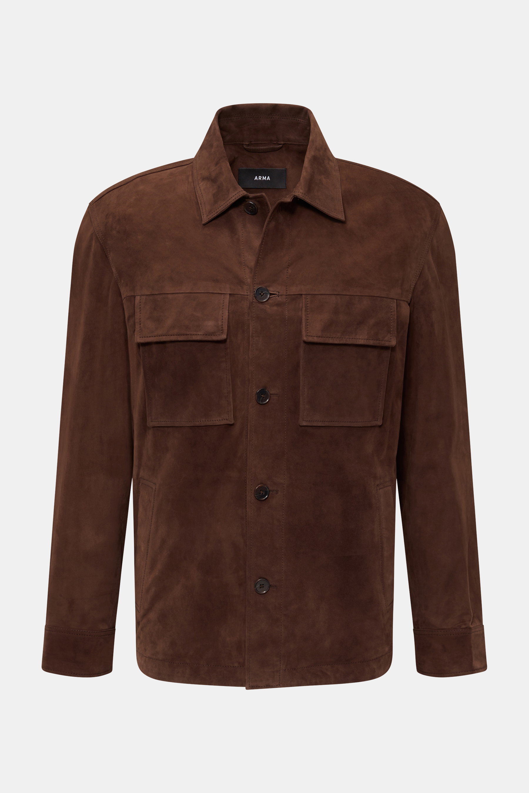 Arma Velourslederjacke 'Mex' dunkelbraun, Slim Fit, aus edlem Lammveloursleder, weicher Griff, Overshirt-Look, Umlegekragen, Brusttaschen, Knopfleiste, Frontansicht.