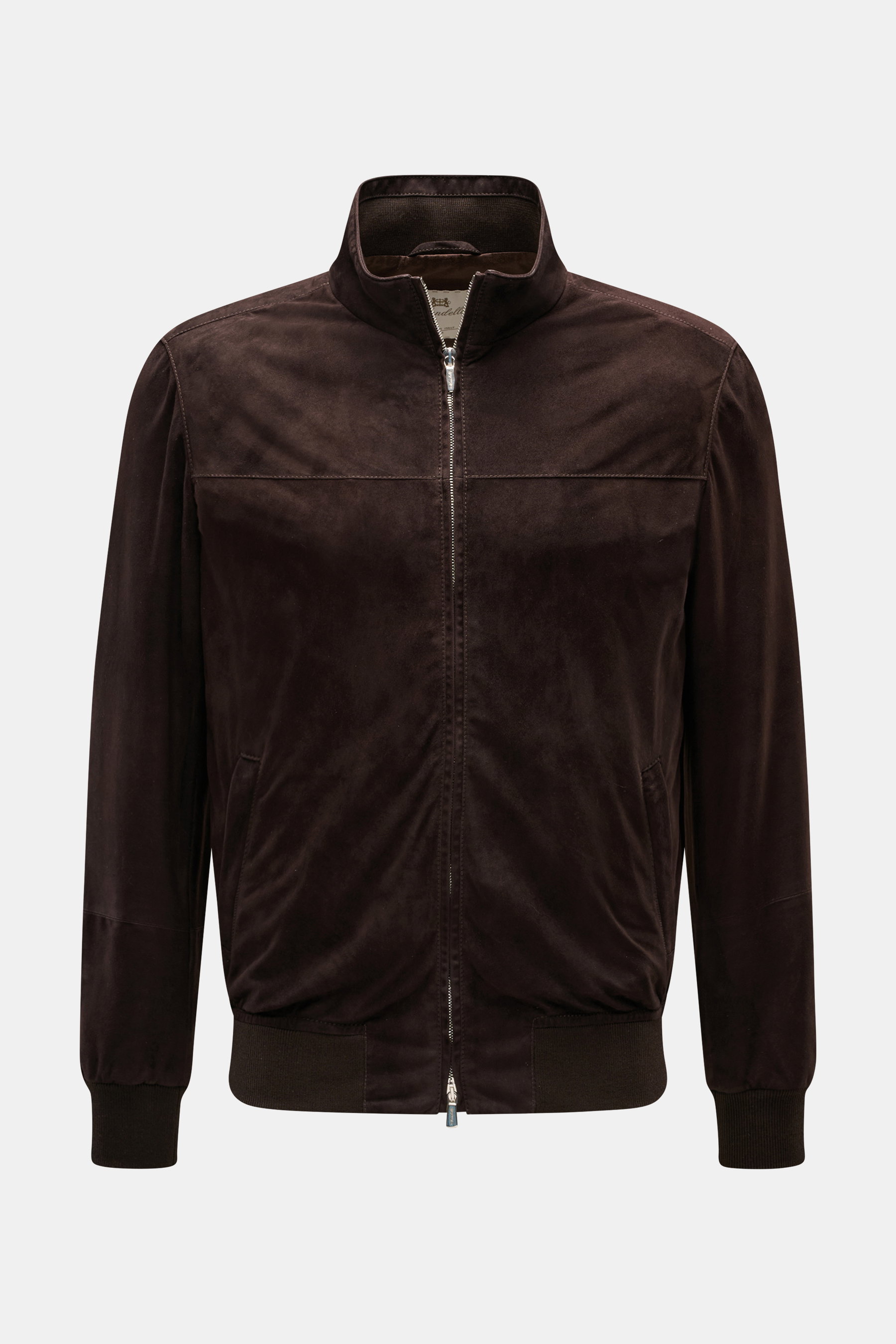 Mandelli Veloursleder-Blouson dunkelbraun, frontal fotografiert, Slim Fit, Ziegen-Veloursleder, Stehkragen, Reißverschluss, elastische Bündchen.