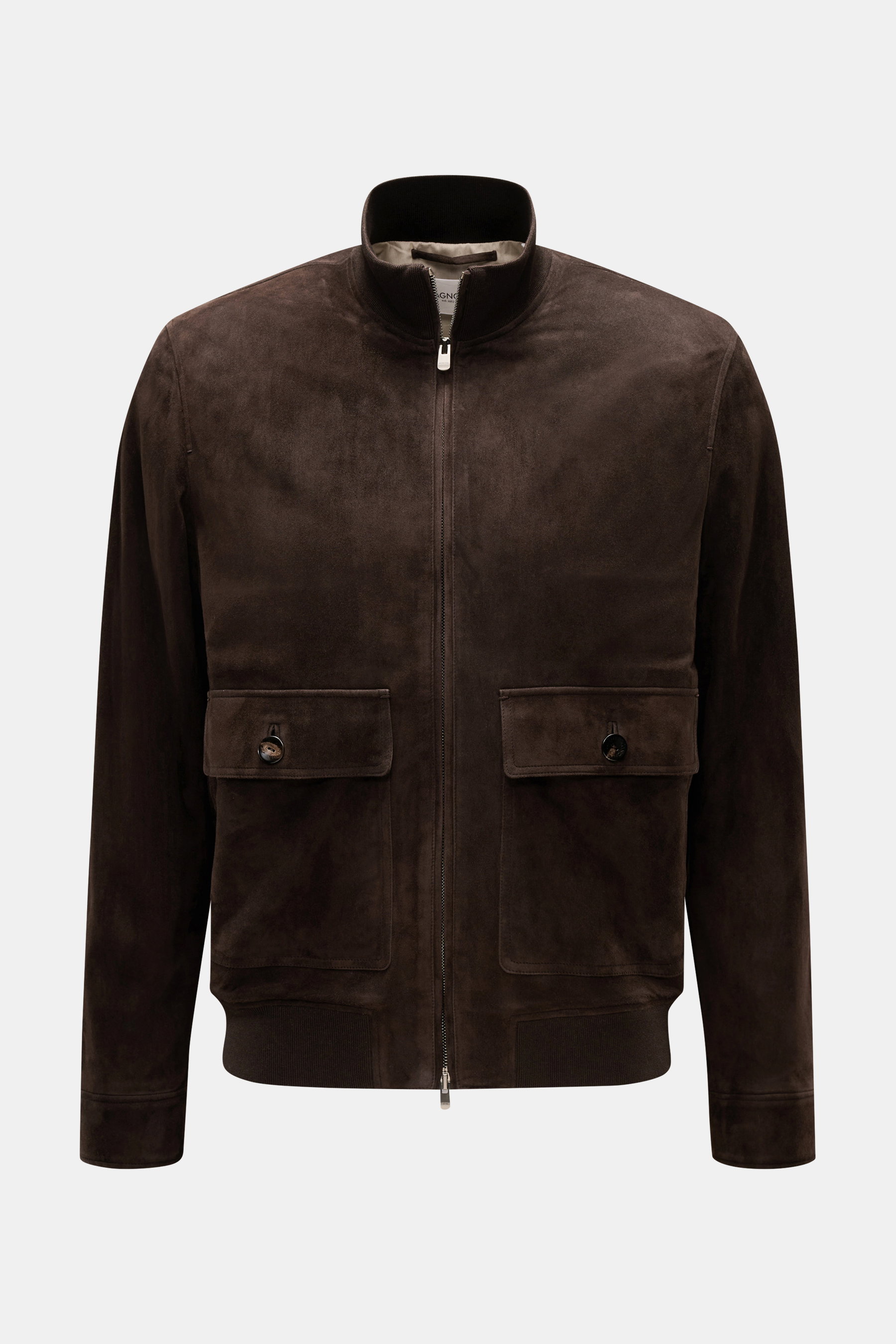 Agnona Veloursleder-Blouson dunkelbraun, frontal fotografiert, Slim Fit mit Stehkragen, zwei aufgesetzten Fronttaschen, verdecktem Reißverschluss, elastischen Rippbündchen.
