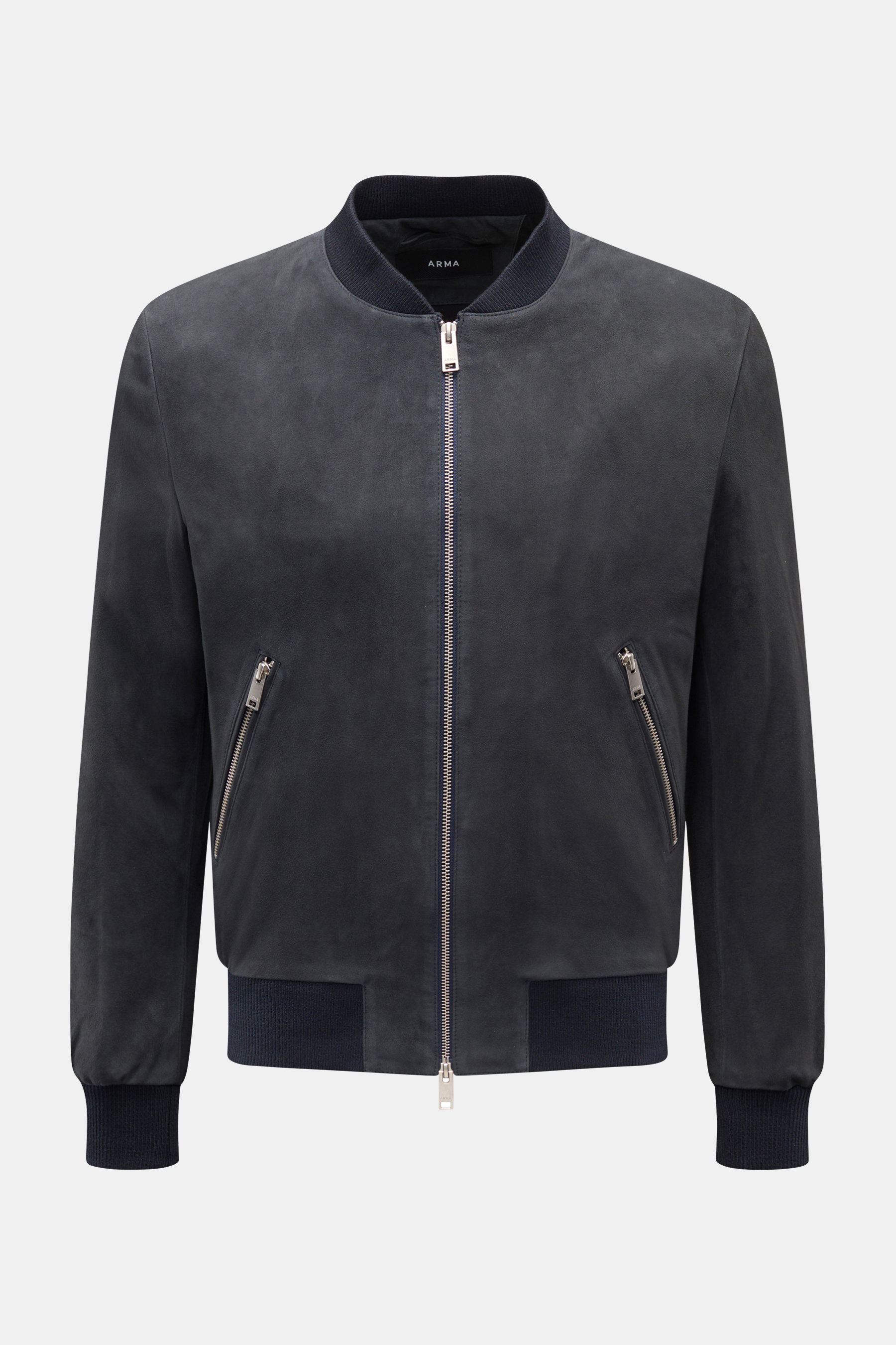Front view of Arma Veloursleder-Blouson 'Didier' dark navy in fine goat suede, slim fit with ribbed collar, cuffs, hip zip pockets, and two-way zipper.

Description: <p>Smart und zeitlos: Der Lederblouson 'Didier' von ARMA ist aus geschmeidigem Ziegenvelo