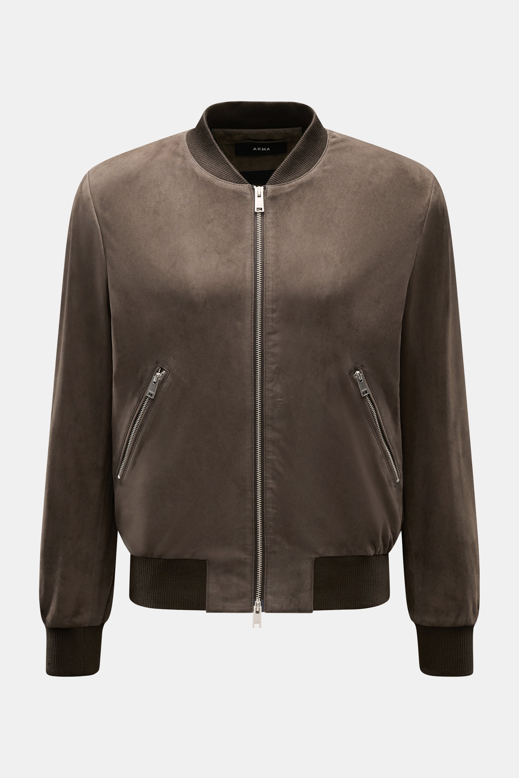 Front view of the Arma Veloursleder-Blouson 'Didier' dunkelbraun, a slim fit leather jacket in soft goat suede with typical blouson collar, robust two-way zipper, zippered hip pockets, tonal lining, elastic ribbed cuffs, and two inner pockets. Smart und z