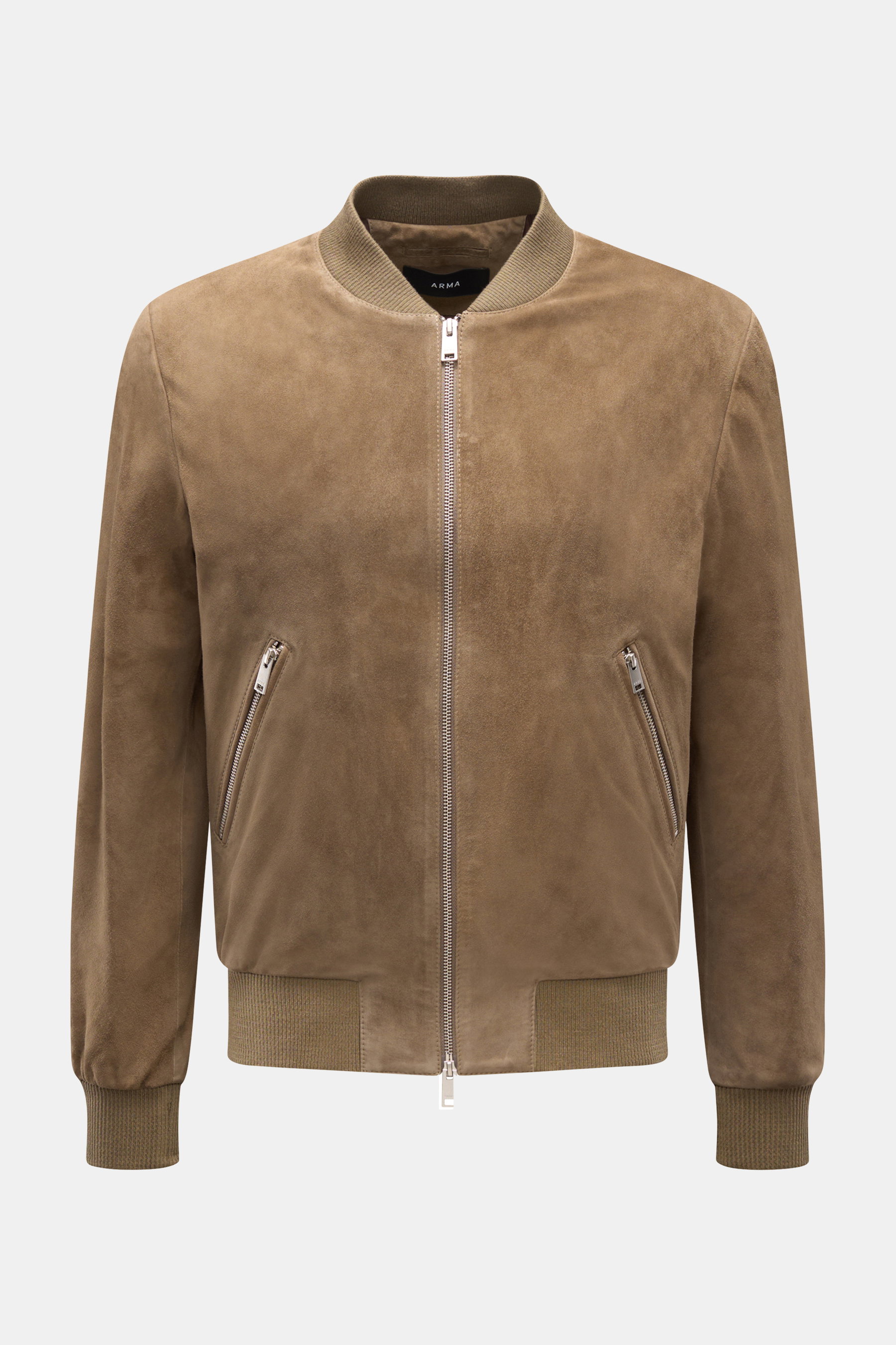 Front view of Arma Veloursleder-Blouson 'Didier' taupe, a slim fit jacket made of soft goat suede with ribbed cuffs, collar, hip zip pockets, tonal lining, two inner pockets, and a durable two-way zipper, combining smart and timeless style.