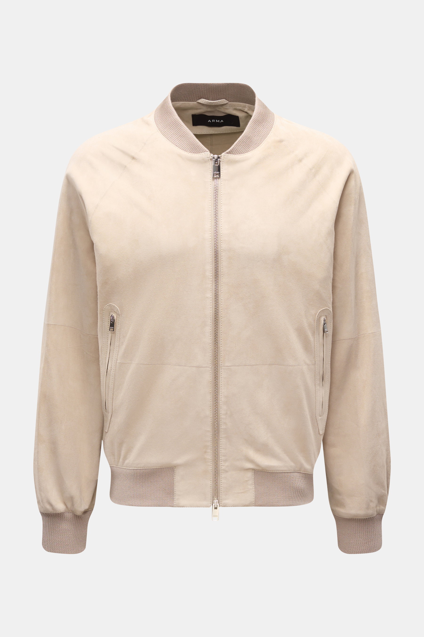 Arma Veloursleder-Blouson 'Dion' sand, Vorderansicht, ungefüttert aus feinem Ziegenvelours mit Blousonkragen, Zwei-Wege-Zipper, Rippbündchen.