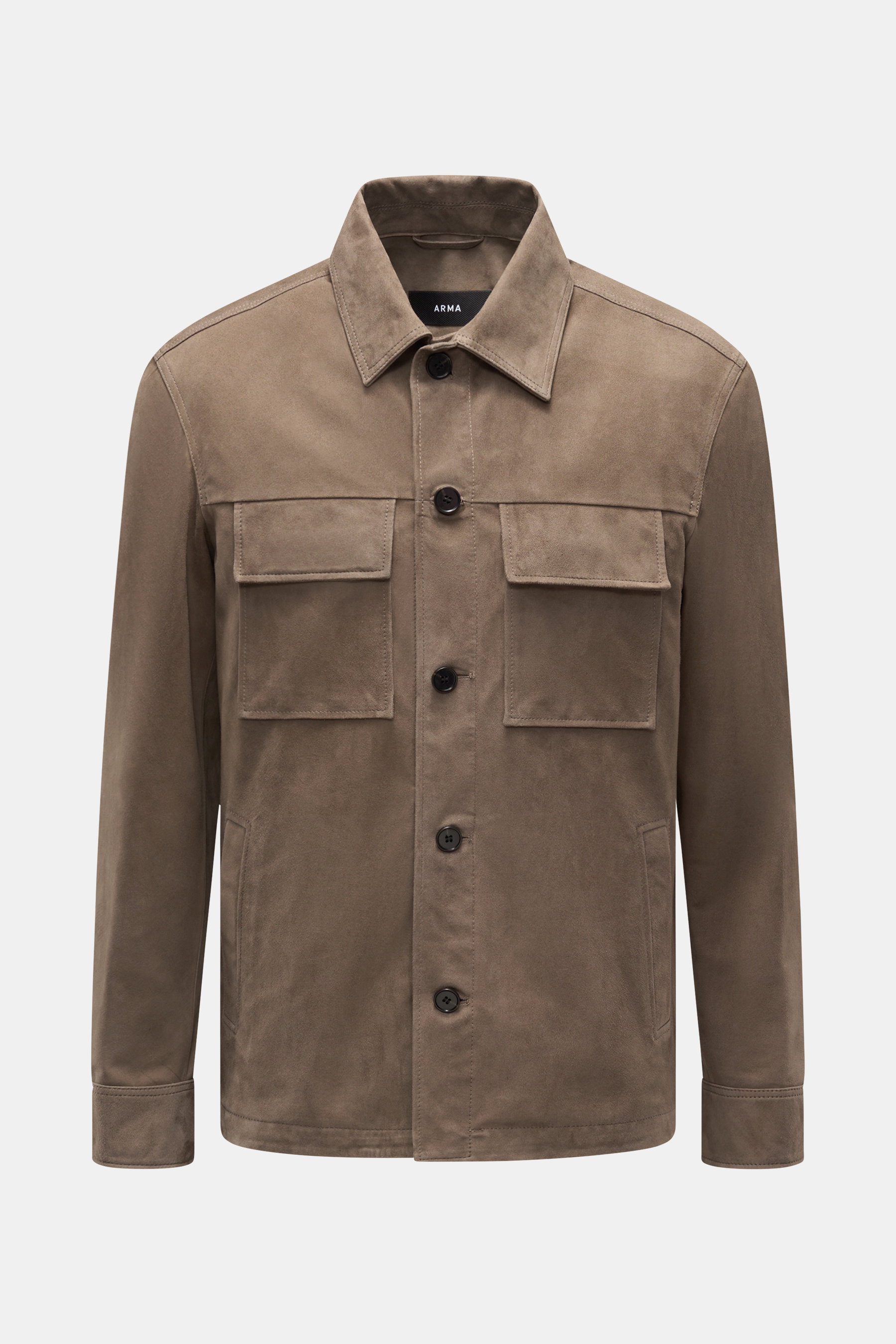Front view of Arma Suede jacket 'Mex' khaki, a slim fit suede jacket with a turn-down collar, five-button placket, four front pockets, button cuffs, smooth lining, and two inside pockets, soft suede with a soft feel, stylish companion for the transitional