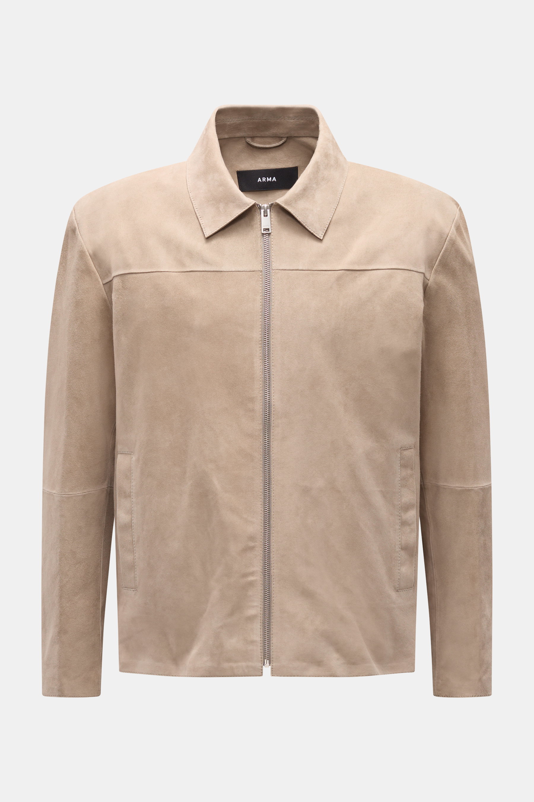 Front view of Arma Velourslederjacke 'Hardin' beige, a slim fit, lightweight suede jacket made of soft goat velour leather with a robust metal zipper, turn-down collar, and welt pockets with concealed snap buttons, featuring an unconstructed design. Reduz