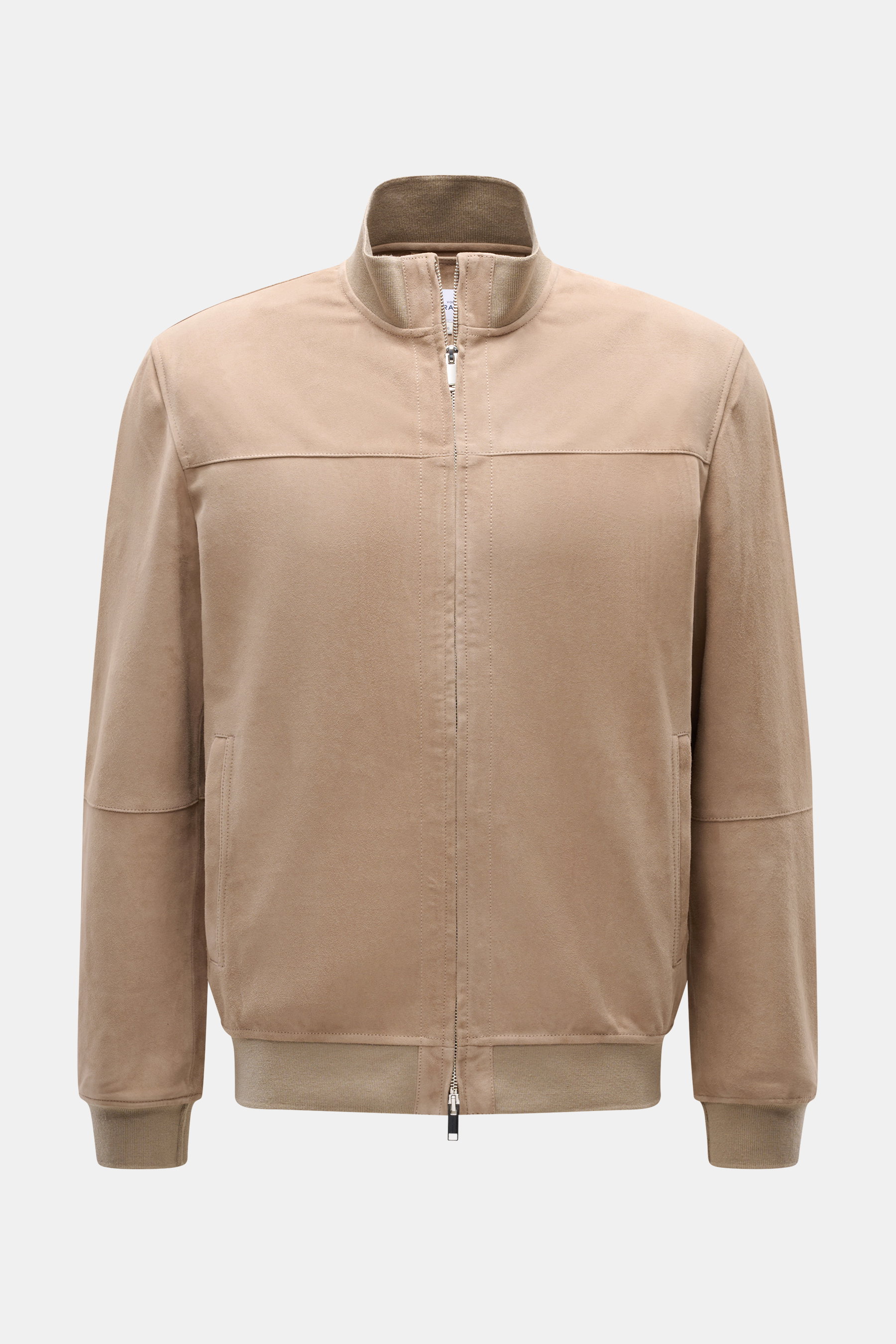 Arma Veloursleder-Blouson 'Miles' beige, frontale Ansicht, feines Ziegenvelours, Stehkragen, Rippbündchen, Zwei-Wege-Reißverschluss, schräge Hüfttaschen, ungefüttert, Regular Fit.