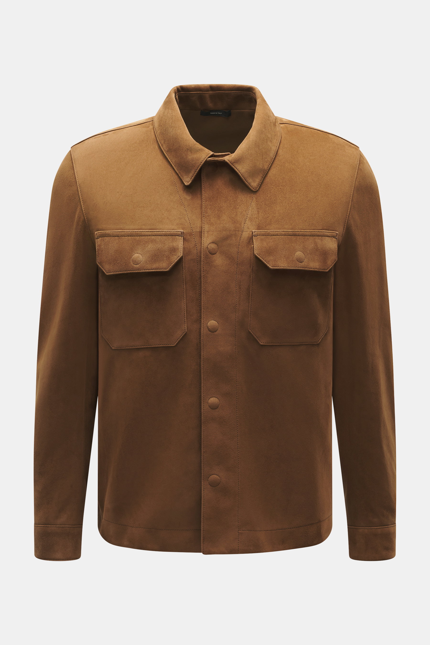 Front view of Tom Ford Suede leather jacket brown in finest cow suede leather with patch chest pockets, concealed snap button placket, and turn-down collar.

Description: 
<p>The suede leather jacket by TOM FORD combines luxurious craftsmanship with the d