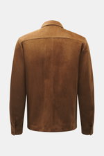 Tom Ford Velourslederjacke braun aus feinstem Rindsveloursleder, Slim Fit, Rückansicht mit Umlegekragen und Ärmelabschlüssen mit Druckknopf.