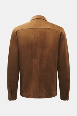 Tom Ford Velourslederjacke braun aus feinstem Rindsveloursleder, Slim Fit, Rückansicht mit Umlegekragen und Ärmelabschlüssen mit Druckknopf.