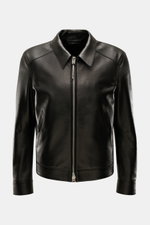 Tom Ford Lederjacke schwarz aus edlem Lammleder, Slim Fit, mit Umlegekragen, Reißverschluss, Druckknopf-Hüfttaschen, Frontansicht.