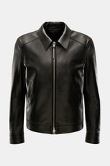 Tom Ford Lederjacke schwarz aus edlem Lammleder, Slim Fit, mit Umlegekragen, Reißverschluss, Druckknopf-Hüfttaschen, Frontansicht.