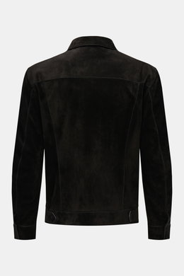 Back view of Tom Ford Velourslederjacke schwarz, slim fit black suede jacket with soft grip, collar, and adjustable waist tabs, photographed from behind.

<div class="relative w-full overflow-visible">
<section class="text-token-text-primary w-full foc