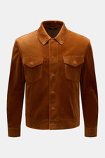 Tom Ford Suede jacket brown, slim fit calfskin with concealed snap buttons, patch flap pockets, turn-down collar, front view close-up.