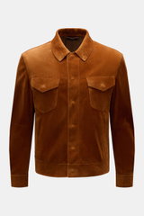 Tom Ford Suede jacket brown, slim fit calfskin with concealed snap buttons, patch flap pockets, turn-down collar, front view close-up.