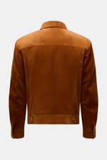 Tom Ford Suede jacket brown shown from the back, made of finest calfskin suede with a slim fit, turn-down collar, and adjustable waist tab.